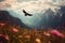 Bald eagle flying and gliding slowly and majestic on the sky over high mountains. Concept of wildlife and pure nature