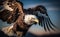 A bald eagle flying with wide open wings, blurred blue sky background, in morning, generative AI