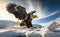 A bald eagle landing on the snow rock from side view with blurred blue sky background, generative AI