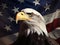 Bald eagles portrait in front of American flag