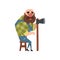 Bald forest man sitting on wooden chair and holding axe. Cartoon character of bearded lumberjack wearing green checkered