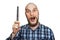 Bald funny surprised guy with open mouth, beard and with a comb in his hands, isolated