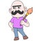 Bald male artist with thick mustache carrying a brush to paint, doodle icon image kawaii