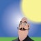 Bald man with a Dali`s moustache cartoon with a sun, sky and grass in the background