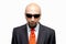 Bald man in dark glasses on white background, isolate, special agent, spy