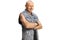 Bald man in a denim vest posing with crossed arms and smiling