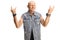 Bald man in a denim vest posing and gesturing rock and roll sign