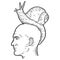 Bald man with a giant snail on his head. Sketch scratch board imitation color. Engraving raster illustration.