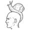 Bald man with a giant snail on his head. Sketch scratch board imitation color. Engraving vector illustration.