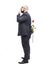 A bald man in glasses with a beard holds a red rose behind his back and looks up. Dressed in a formal suit. Full growth. Isolated