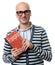 Bald man holds a textbook. Learning French concept