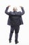 A bald man stands with his back raised up. White background. Full height. Vertical