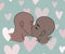 bald man and woman of African American appearance are kissing on a mint background with pink and white hearts. passionate kiss of