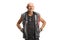 Bald punk in leather clothes standing and smiling