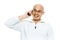 Bald smiling man speaking by phone. Studio. isolated