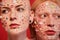 Bald unladylike female and albino feminine male looking at the different directions