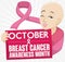 Bald Woman and Pink Ribbon Promoting Breast Cancer Awareness Month, Vector Illustration