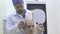 Baldness treatment. Patient suffering from hair loss in consultation with a doctor. Preparation for hair transplant