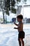 Bale, Croatia - 7/18/2019: Little boy splashed with water