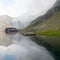 Balea chalet near balea lake on transfagarasan road romania in a foggy day