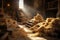 Bales of golden hay, neatly stacked in a rustic barn,