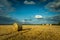 Bales of hay on stubble, clouds on a blue sky