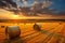 bales in the middle of the field in front of a beautiful sunset