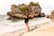 Bali beach yoga. Variation of Hasta Uttanasana, Raised Arms Pose. Boost energy in body. Strong back. Flexible spine. Self-care