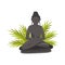 Bali Buddha statue and green palm tree leaves. Cultural symbol. Historical monument. Flat vector design