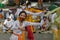 BALI/INDONESIA-JULY 3 2020: The New Normal life in Bali. The prayer program at the temple accompanied by a traditional dance where