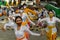 BALI/INDONESIA-JULY 3 2020: The New Normal life in Bali. The prayer program at the temple accompanied by a traditional dance where