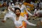 BALI/INDONESIA-JULY 3 2020: The New Normal life in Bali. The prayer program at the temple accompanied by a traditional dance where