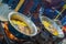 BALI, INDONESIA - MARCH 08, 2017: Cooking on a frying pan a dough for chapati on Manmandir in a blurred background