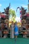 BALI, INDONESIA - MAY 5, 2017: European women near the traditional Balinese pura temple. Bali, Indonesia.