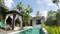 Bali, Indonesia, November, 2016: A view of the territory of the tropical resort with the pool palm trees and chaise