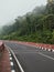 Bali Island, 22 May 2023 : Mountain road in mist with green rainforest and red border on its side, Bedugul, Indonesia