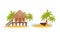 Bali Symbols and Landmarks with Wooden Boat and Straw Hut or Bungalow Vector Set