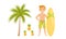 Bali Symbols with Palm Tree, Pineapple and Man with Surfboard Vector Set