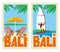 Bali travel stickers. Sun beds under the umbrella and Windsurfing