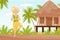 Bali with Woman Doing Yoga Near Hut at Seashore Standing in Asana Vector Illustration