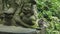 Balinese long tailed macaque sits beside a statue