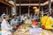 Balinese preparing for temple religious ceremonial offering in Goa Gajah temple