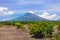 Balinese temple on background of Mount Agung volcano