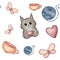 Ball of blue yarn, cats, heart, cups, butterfly watercolor seamless pattern. Favorite hobby, cats, love, knitting, handmade