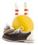 Ball, bowling shoes and bowling pin