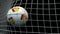 Ball with flags of Spain in goal against black background. Conceptual 3D rendering