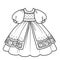 Ball gown with lush skirt with embroidered roses for princess outfit outline for coloring on a white