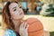 From ball handling to free throw shooting. woman enjoy ball exercises for sport training. Sport woman. Pretty woman