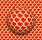 Ball with a hearts pattern rolling along the red hearts surface. Abstract vector optical illusion illustration