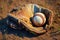 ball and mitt laying on a dirt field. possibly for baseball or softball, typical shape used for hand protection